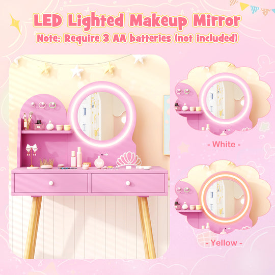 Kids Princess Makeup Dressing Desk and Chair Set with Mirror and Lights-Pink