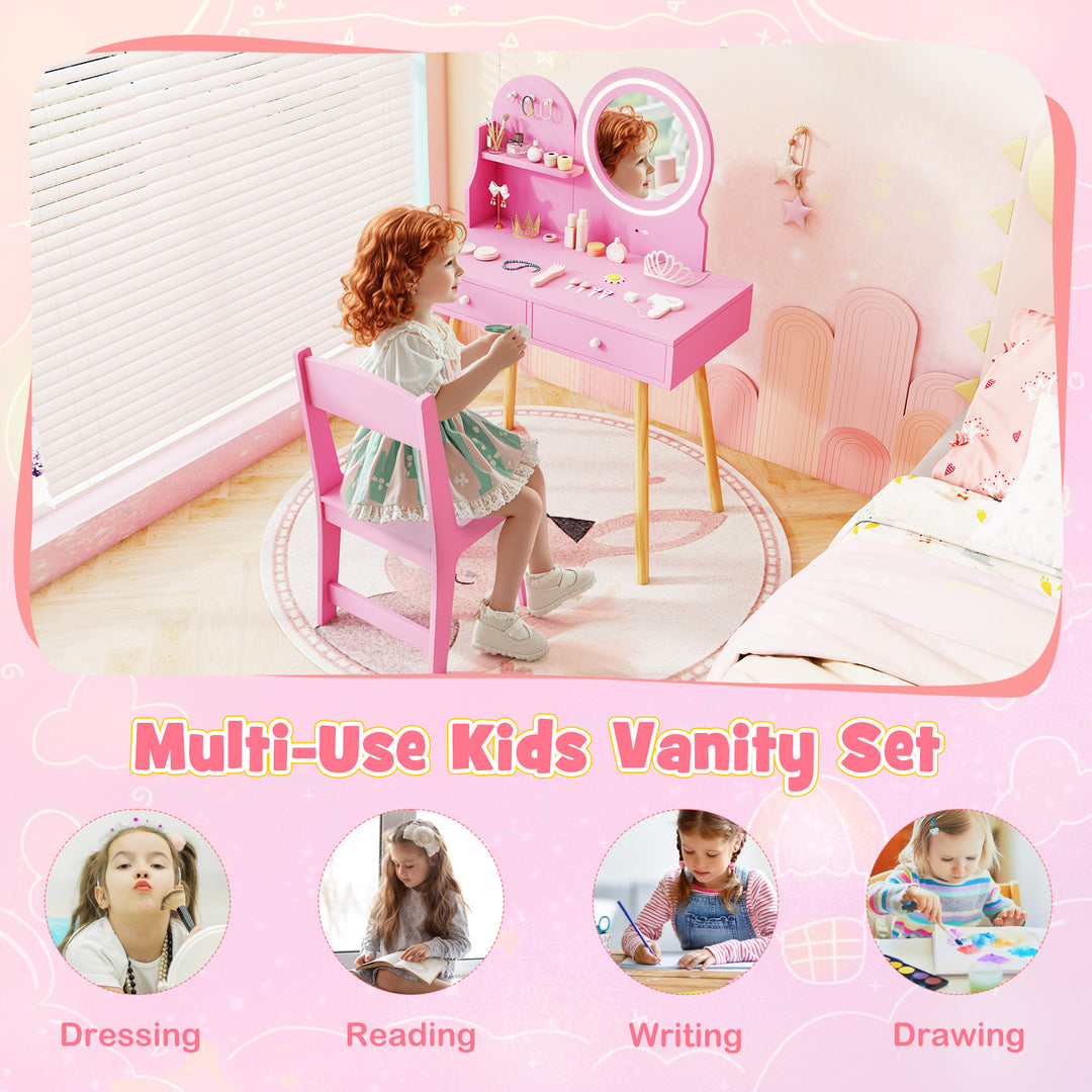 Kids Princess Makeup Dressing Desk and Chair Set with Mirror and Lights-Pink