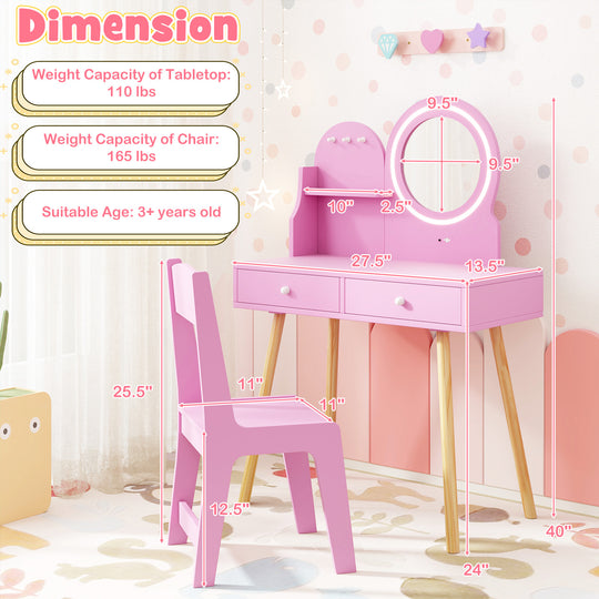 Kids Princess Makeup Dressing Desk and Chair Set with Mirror and Lights-Pink