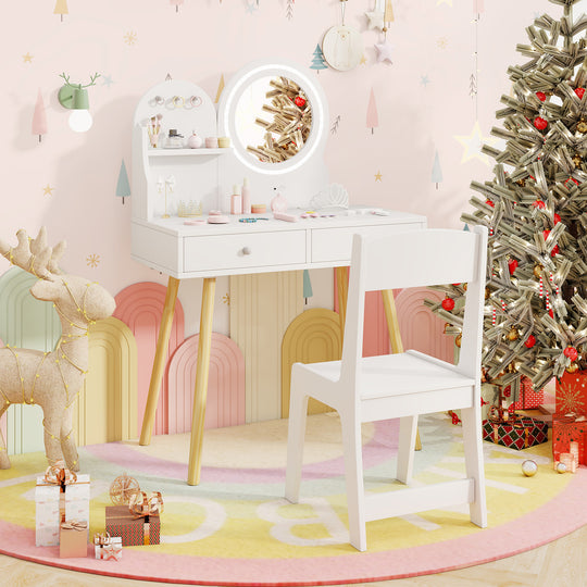 Kids Princess Makeup Dressing Desk and Chair Set with Mirror and Lights-White