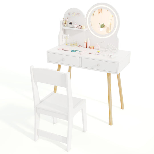 Kids Princess Makeup Dressing Desk and Chair Set with Mirror and Lights-White