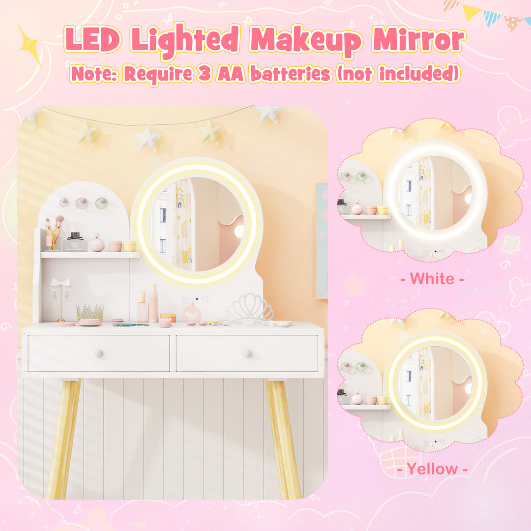 Kids Princess Makeup Dressing Desk and Chair Set with Mirror and Lights-White