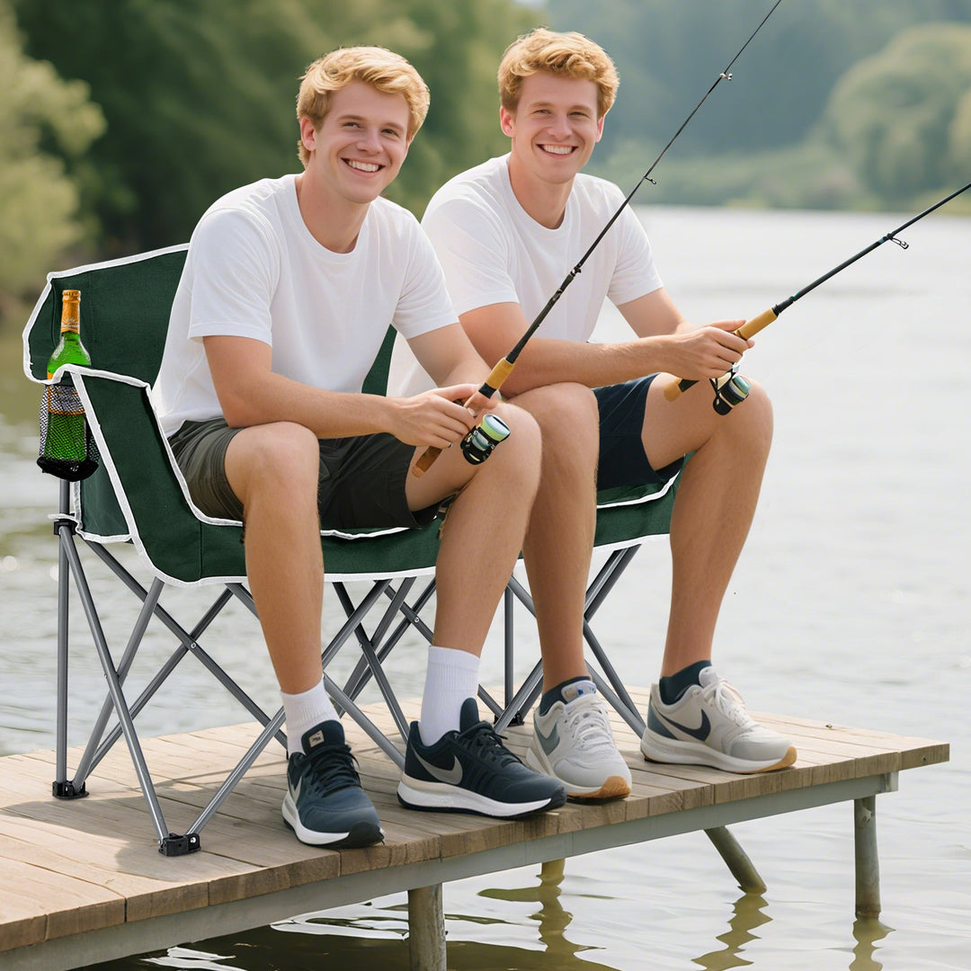 Duo Camping Chair Portable Oversized Loveseat with Armrests and Cup Holders-Green