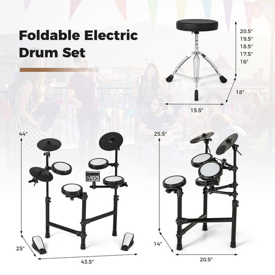 Electric Drum Set Foldable Drum Kit with 10 Demos and USB MIDI and 2 Drumsticks