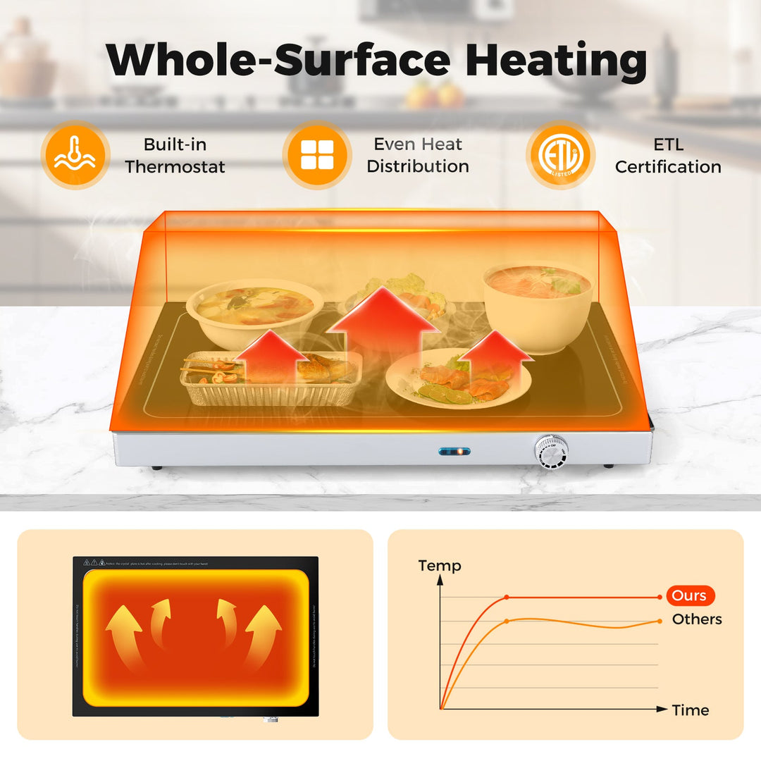 Electric Warming Tray with Adjustable Temperature and Built-In Handles Tempered Glass
