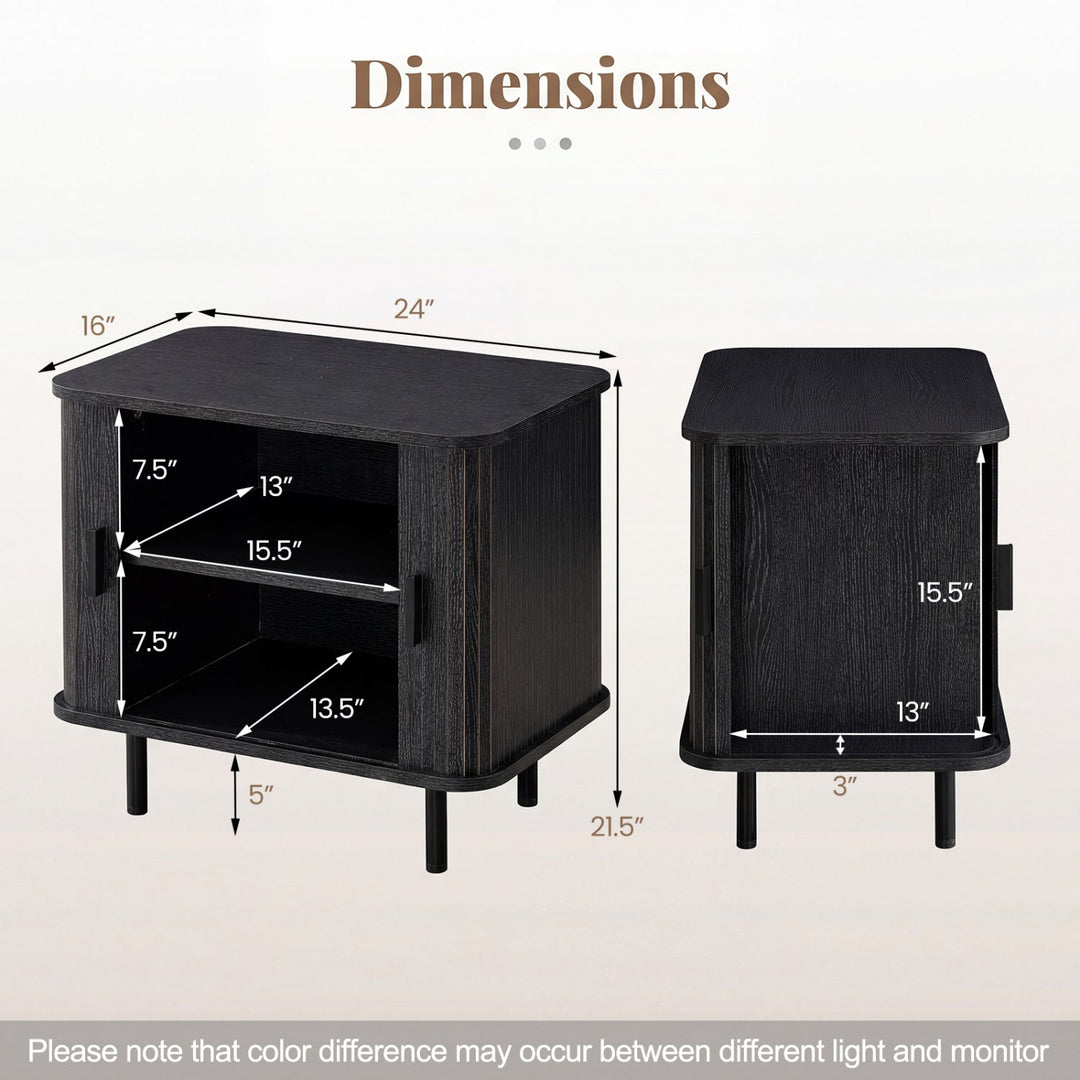 End Table Modern Mid Century Nightstand with Sliding Tambour Doors and Storage Shelf