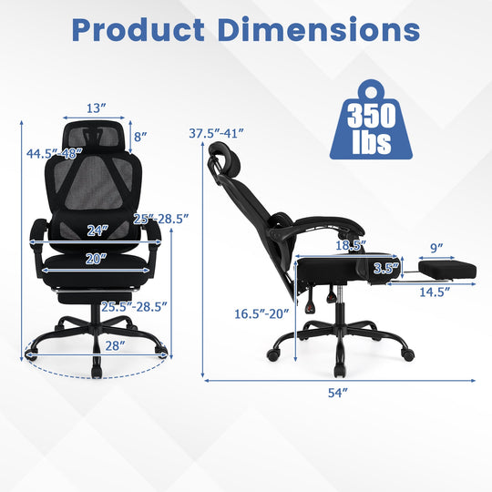 Ergonomic Office Chair High Back Mesh Desk Chair with Retractable Footrest-Black