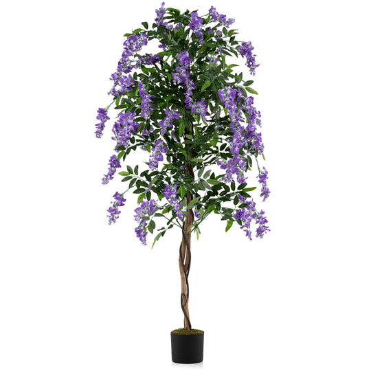 Set of 2 Fake Ficus Plant 6 FT Artificial Wisteria Tree with Natural Trunks and Purple Lifelike Flowers