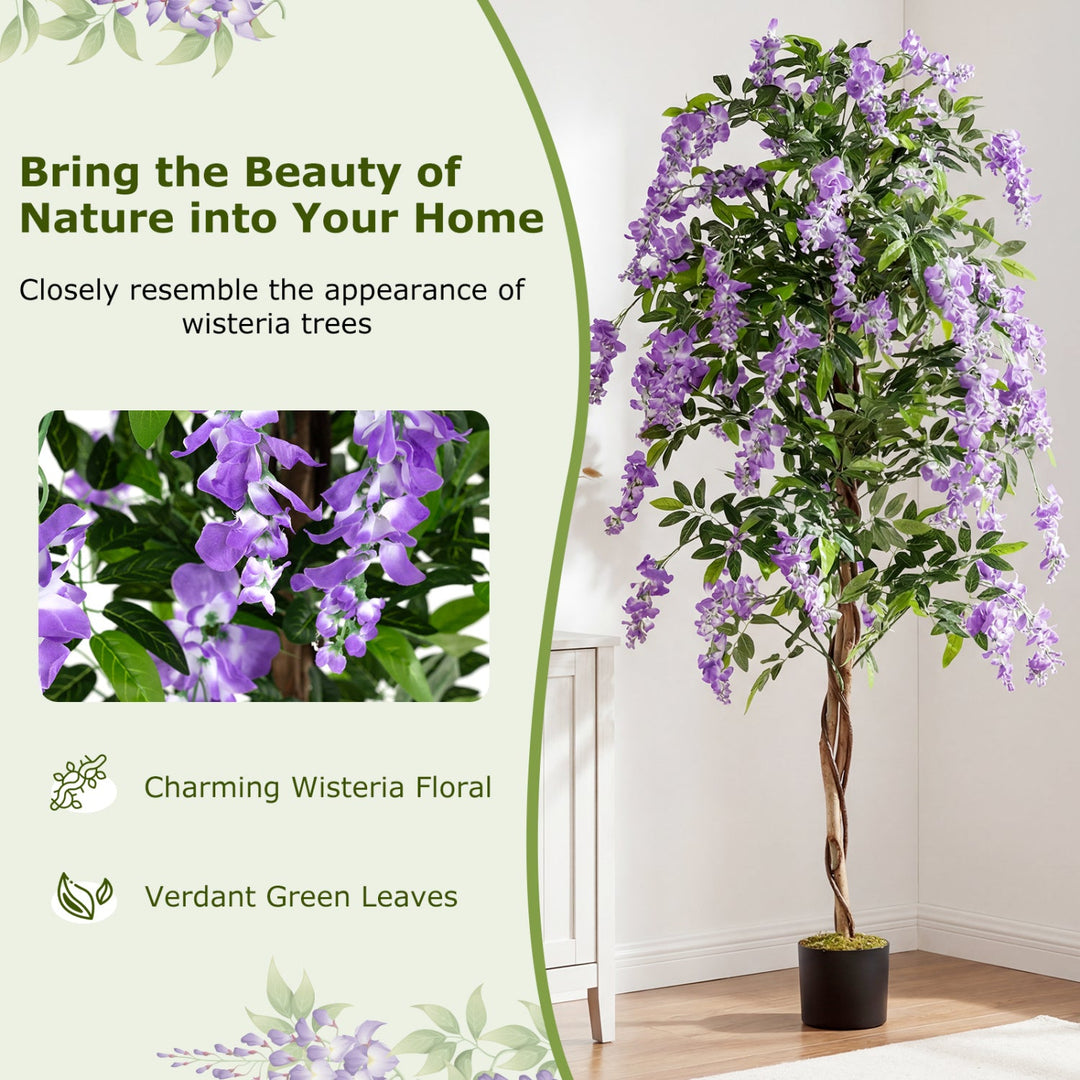Set of 2 Fake Ficus Plant 6 FT Artificial Wisteria Tree with Natural Trunks and Purple Lifelike Flowers