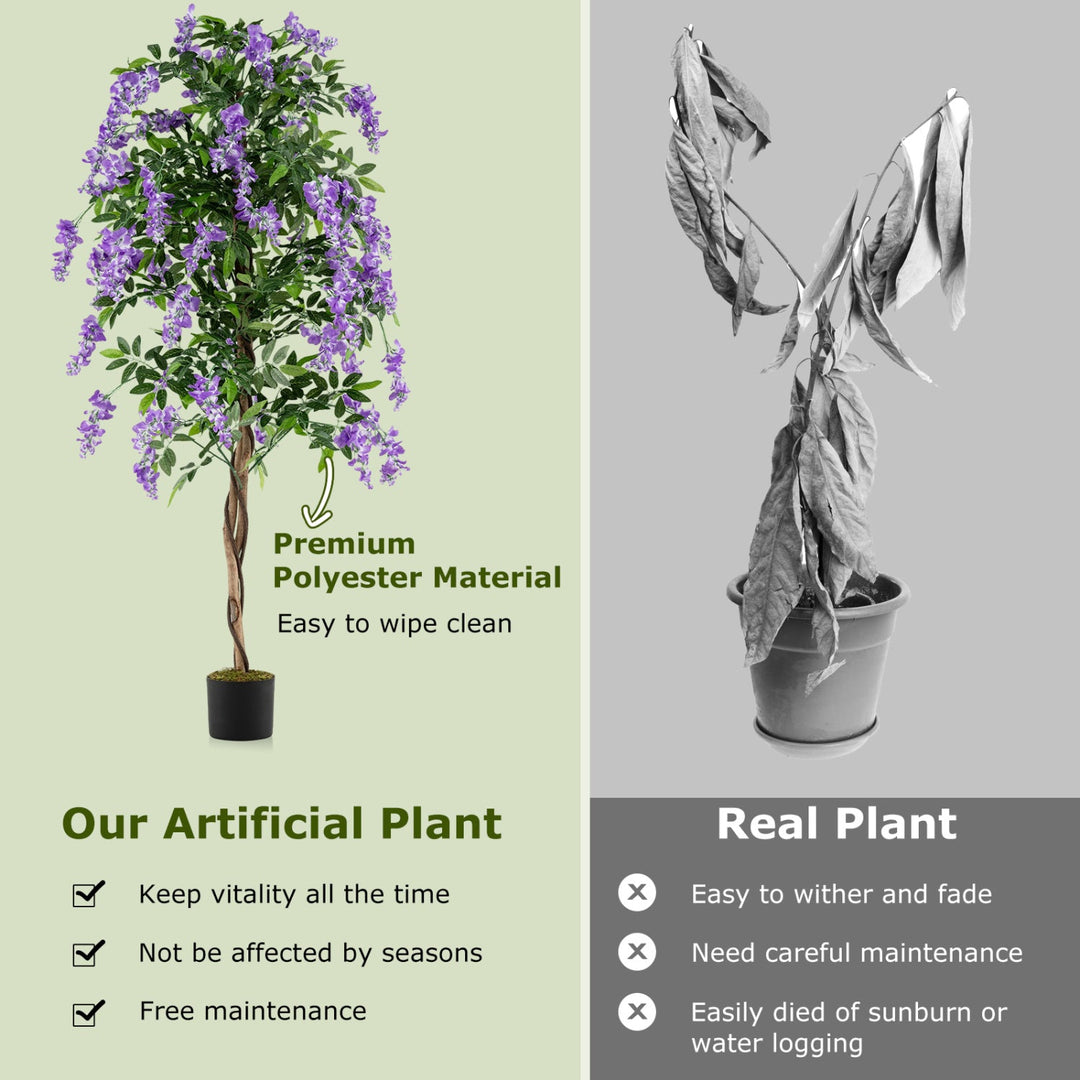 Set of 2 Fake Ficus Plant 6 FT Artificial Wisteria Tree with Natural Trunks and Purple Lifelike Flowers