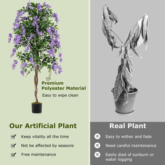 Set of 2 Fake Ficus Plant 6 FT Artificial Wisteria Tree with Natural Trunks and Purple Lifelike Flowers