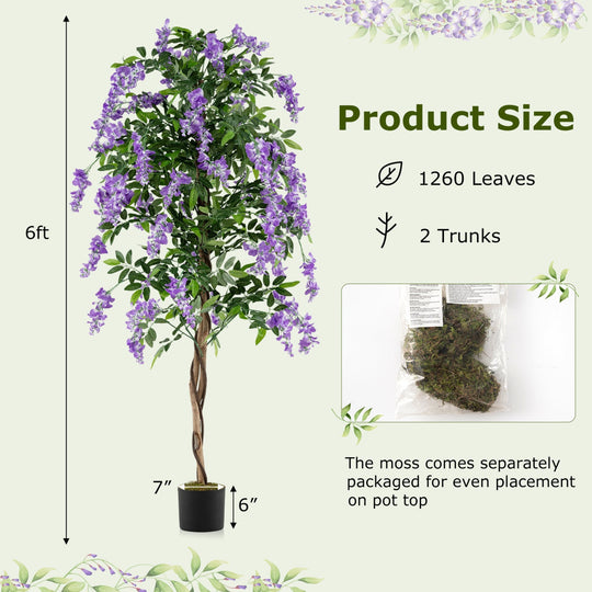 Set of 2 Fake Ficus Plant 6 FT Artificial Wisteria Tree with Natural Trunks and Purple Lifelike Flowers