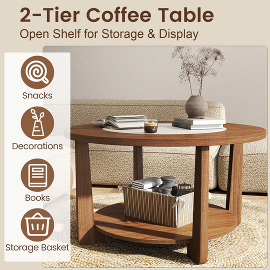 Farmhouse Accent Round Coffee Table with 2-Tone Tabletop and Open Storage Shelf for Living Room-Brown