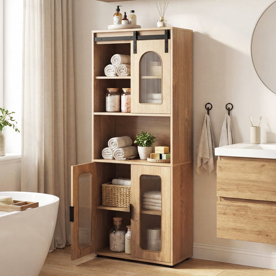 Farmhouse Bathroom Floor Cabinet with Sliding Barn Door