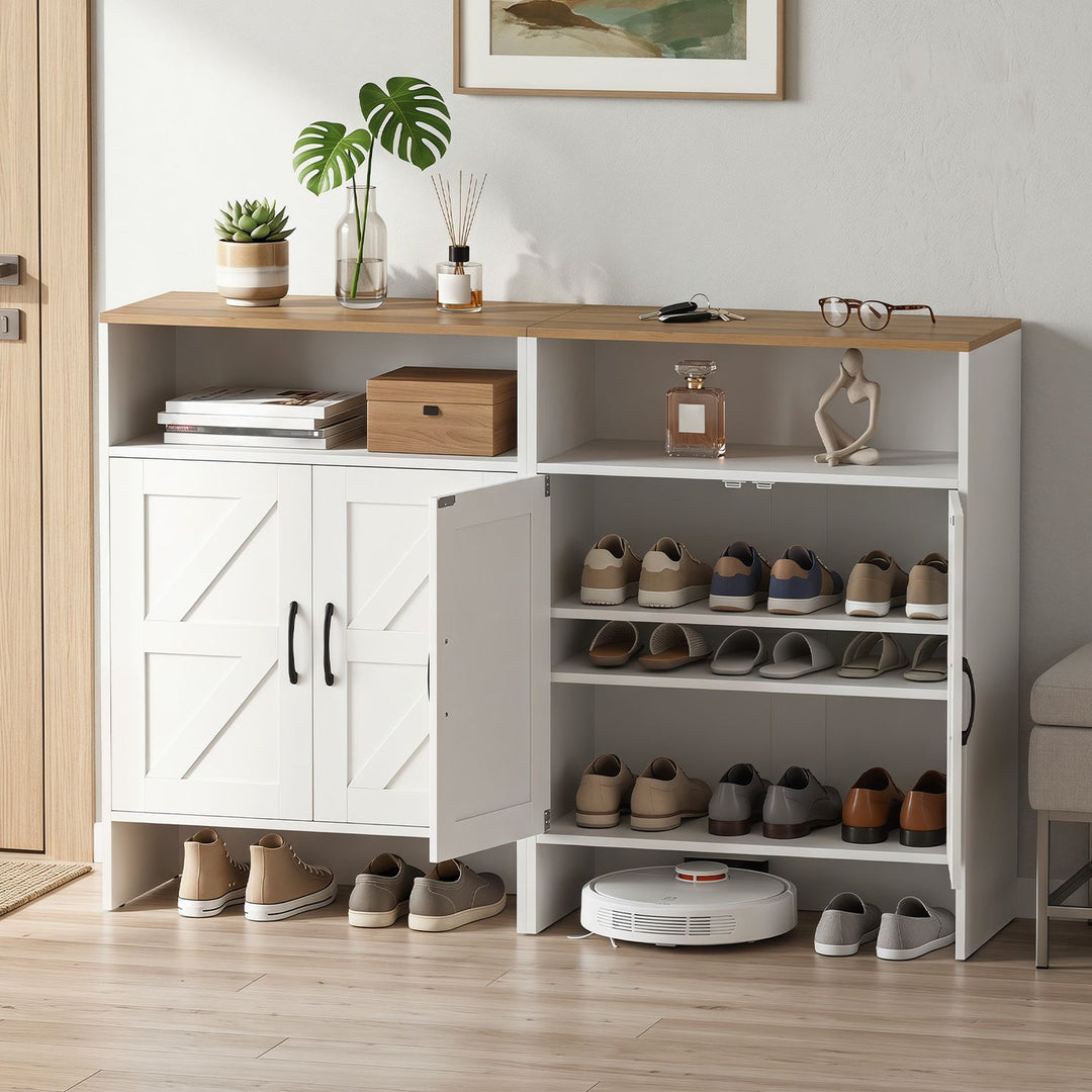 Farmhouse Shoe Cabinet with 2 Barn Doors and Open Shelf for Entryway-White