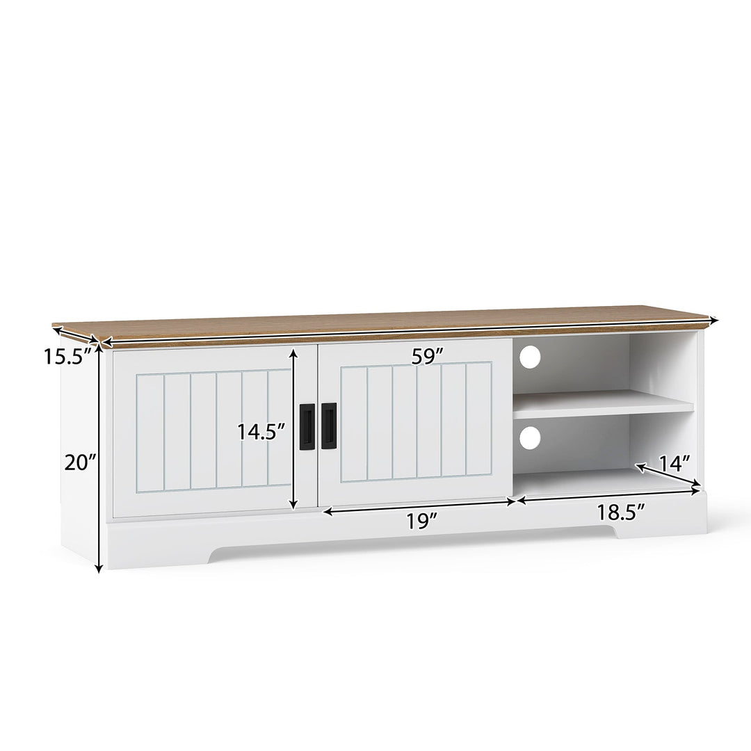 Farmhouse TV Stand for TVs up to 65 Inch with Sliding Doors and Storage Cabinets-White