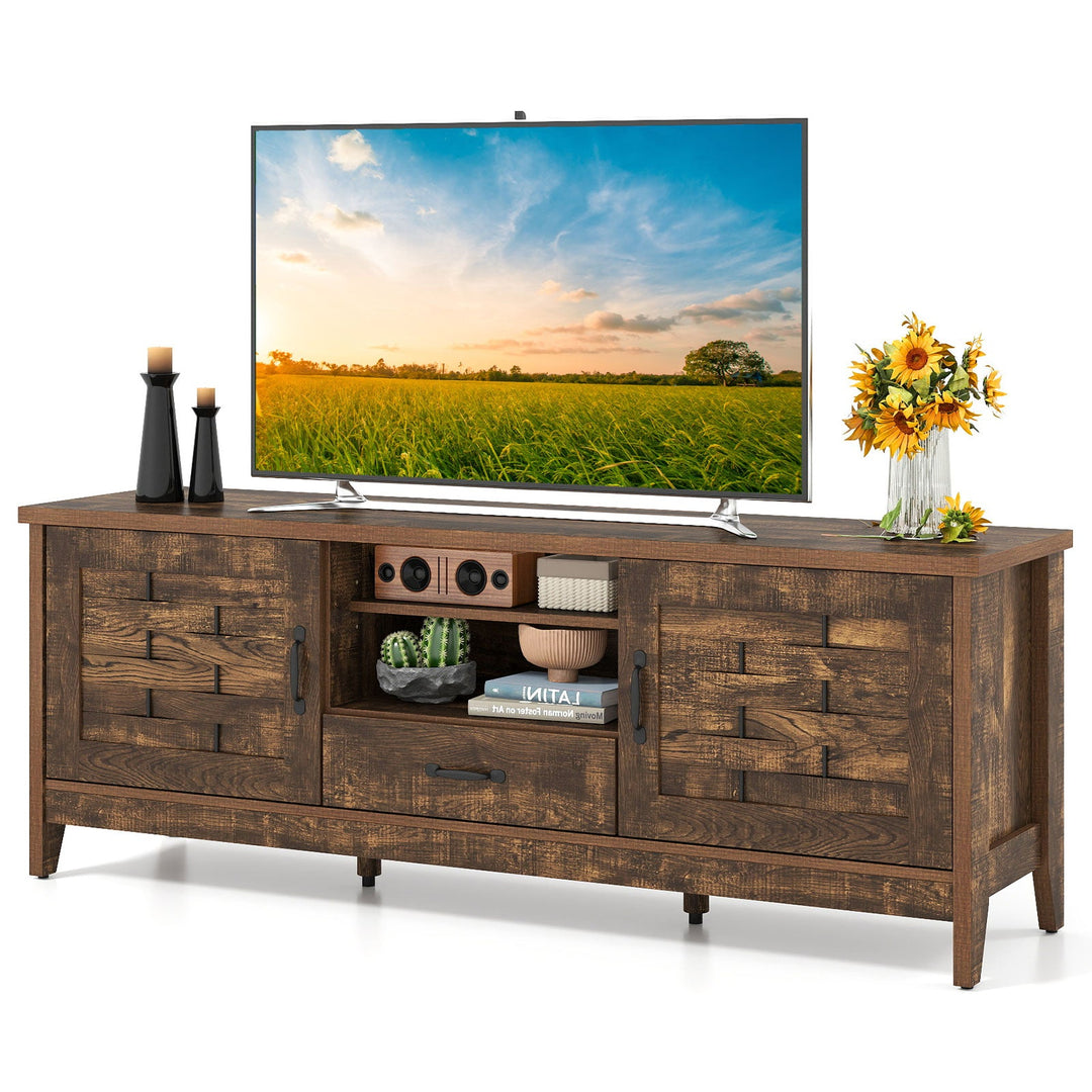 Farmhouse TV Stand for 65 Inch TVs with 2 Woven Accent Doors and 3 Adjustable Shelves