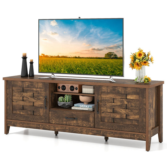 Farmhouse TV Stand for 65 Inch TVs with 2 Woven Accent Doors and 3 Adjustable Shelves