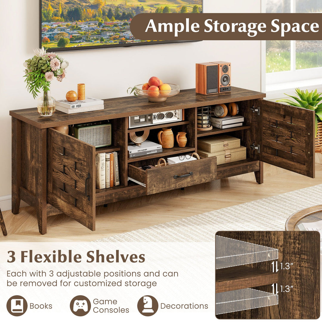 Farmhouse TV Stand for 65 Inch TVs with 2 Woven Accent Doors and 3 Adjustable Shelves