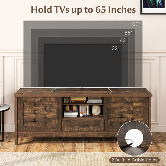 Farmhouse TV Stand for 65 Inch TVs with 2 Woven Accent Doors and 3 Adjustable Shelves