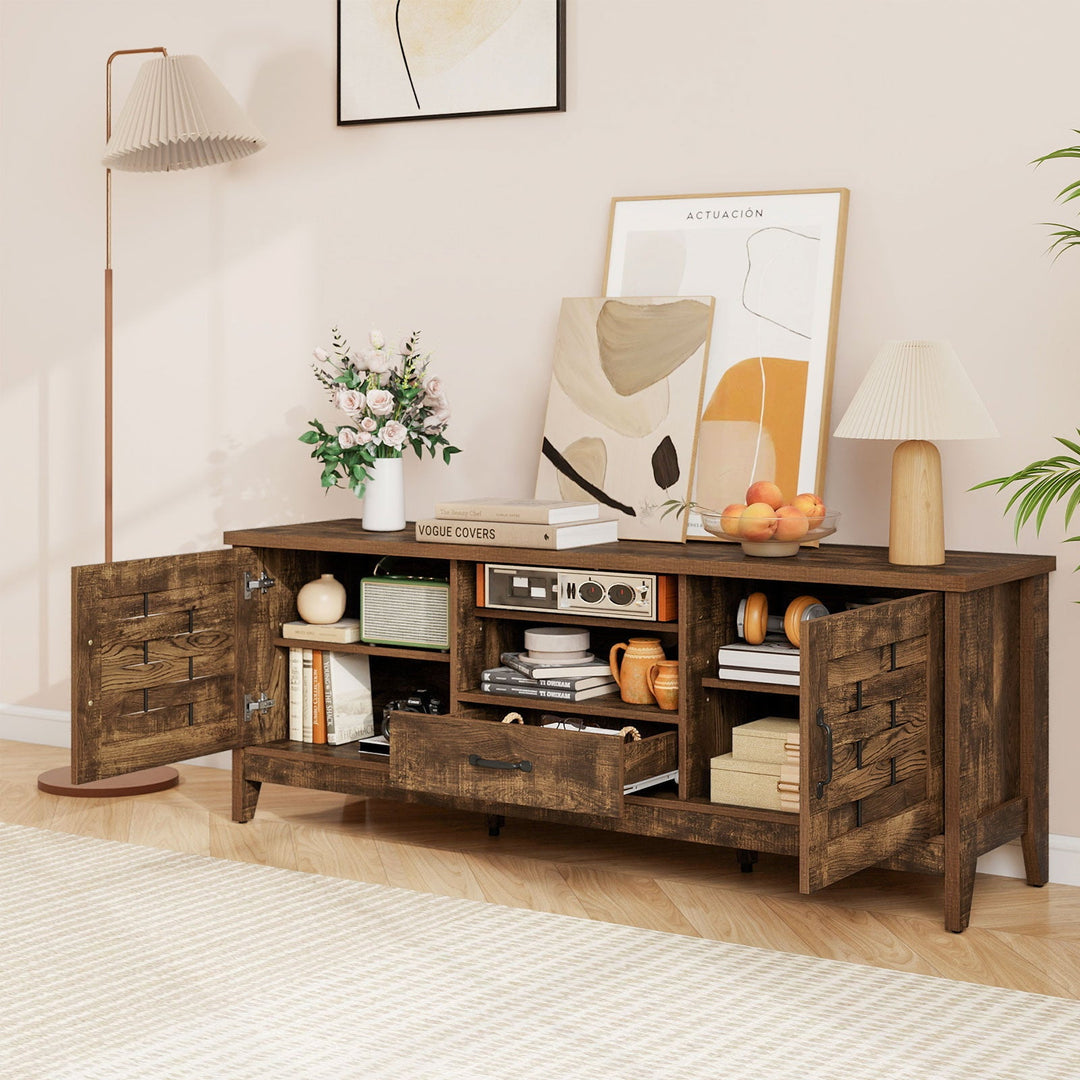 Farmhouse TV Stand for 65 Inch TVs with 2 Woven Accent Doors and 3 Adjustable Shelves