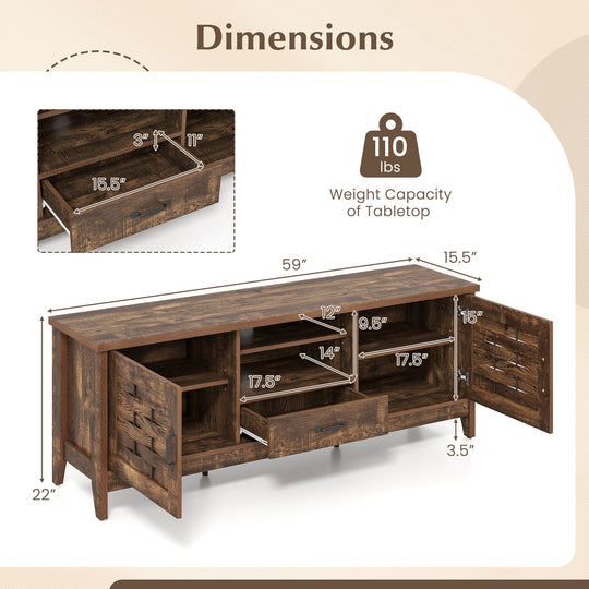 Farmhouse TV Stand for 65 Inch TVs with 2 Woven Accent Doors and 3 Adjustable Shelves
