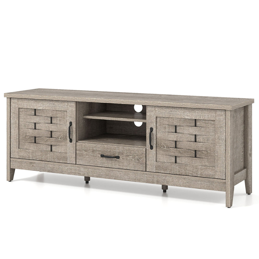 Farmhouse TV Stand for 65 Inch TVs with 2 Woven Accent Doors and 3 Adjustable Shelves