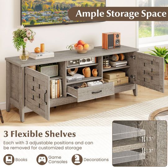 Farmhouse TV Stand for 65 Inch TVs with 2 Woven Accent Doors and 3 Adjustable Shelves