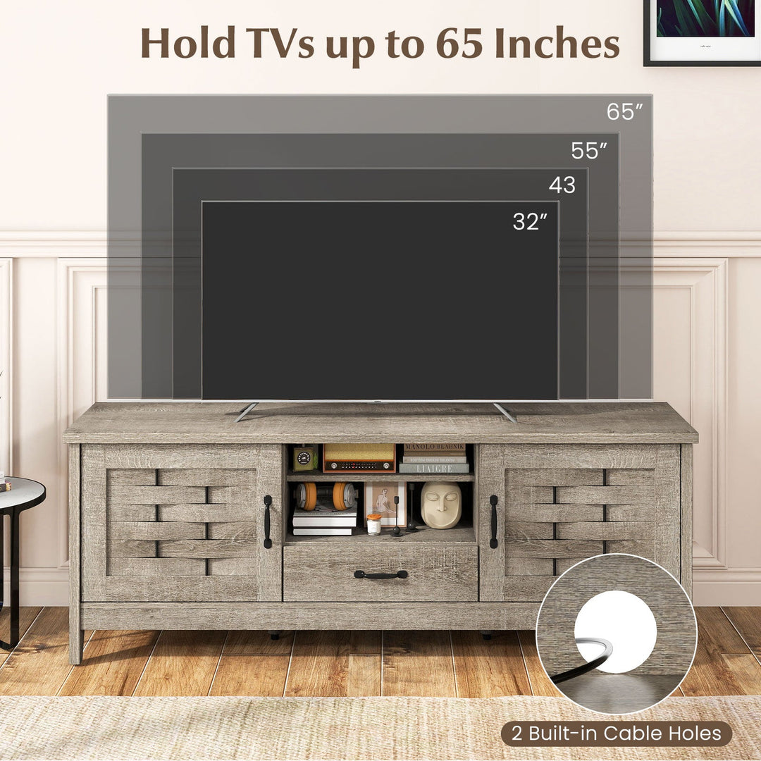 Farmhouse TV Stand for 65 Inch TVs with 2 Woven Accent Doors and 3 Adjustable Shelves
