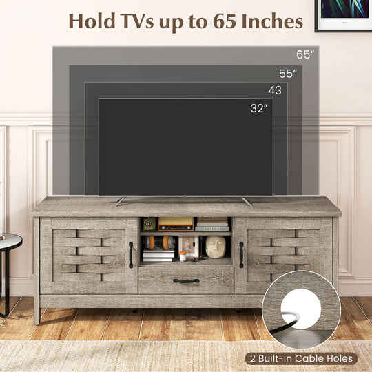 Farmhouse TV Stand for 65 Inch TVs with 2 Woven Accent Doors and 3 Adjustable Shelves