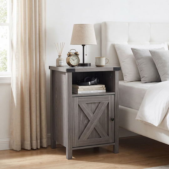 Farmhouse Wooden Nightstand with Barn Door and Storage Cabinet