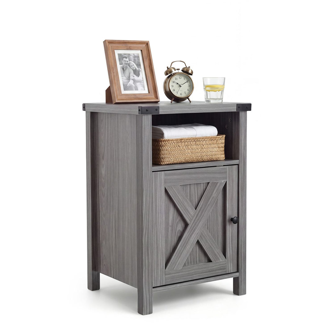 Farmhouse Wooden Nightstand with Barn Door and Storage Cabinet