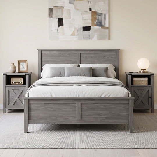 Farmhouse Wooden Nightstand with Barn Door and Storage Cabinet