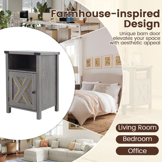Farmhouse Wooden Nightstand with Barn Door and Storage Cabinet