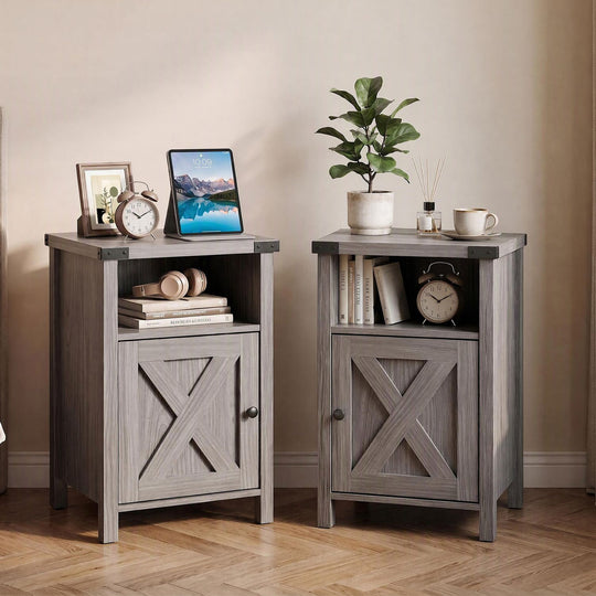 Farmhouse Wooden Nightstand with Barn Door and Storage Cabinet