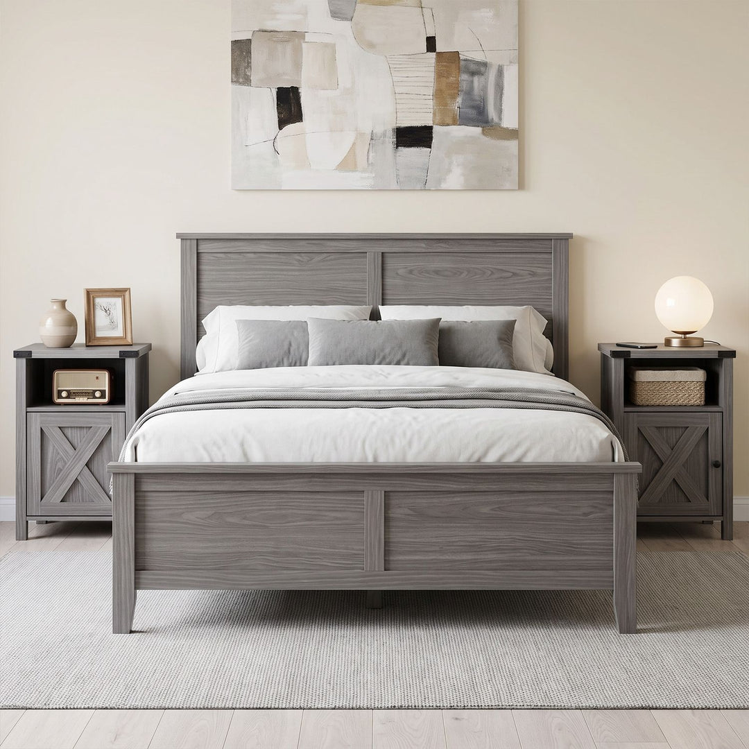 Farmhouse Wooden Nightstand with Barn Door and Storage Cabinet