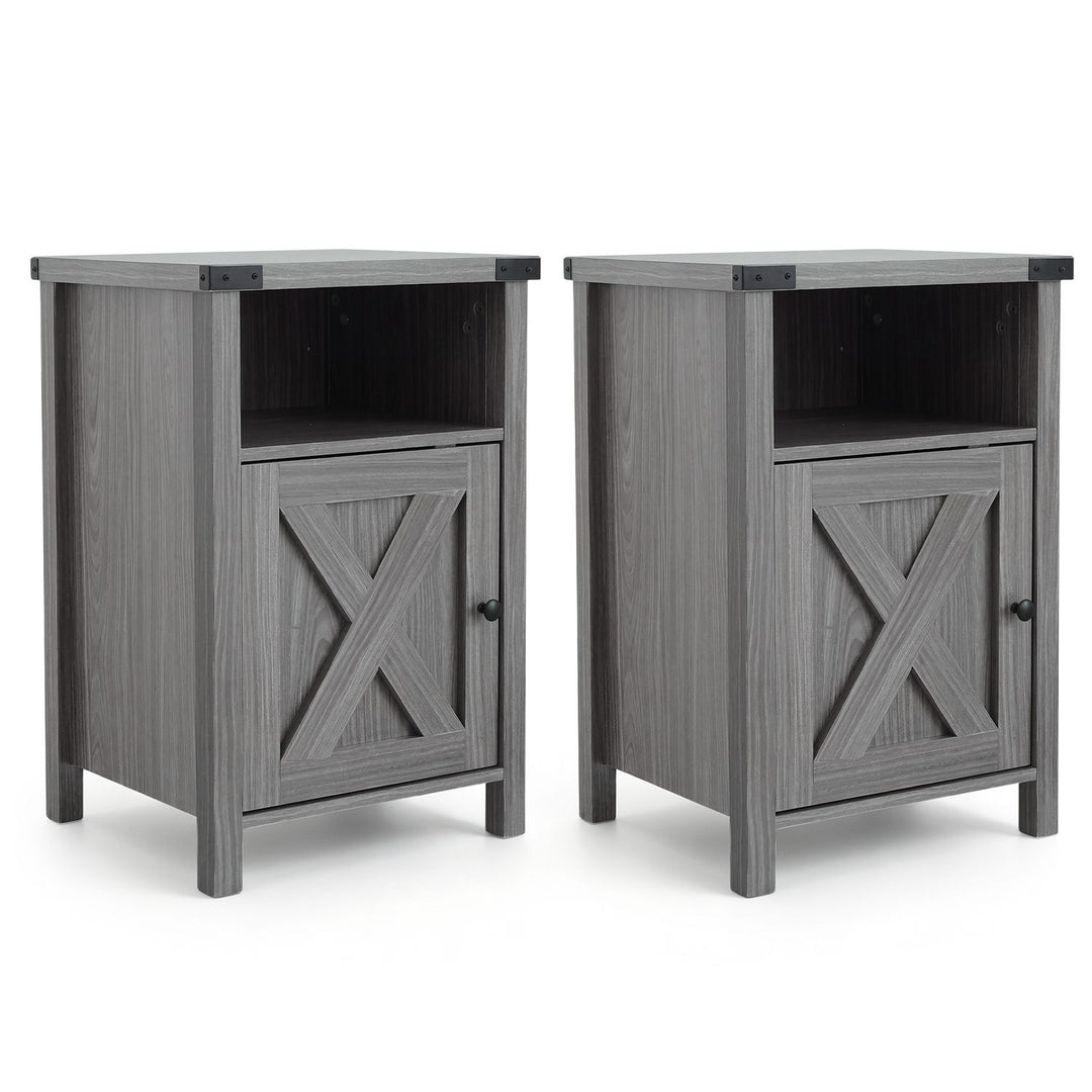 Farmhouse Wooden Nightstand with Barn Door and Storage Cabinet