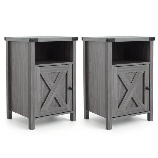 Farmhouse Wooden Nightstand with Barn Door and Storage Cabinet