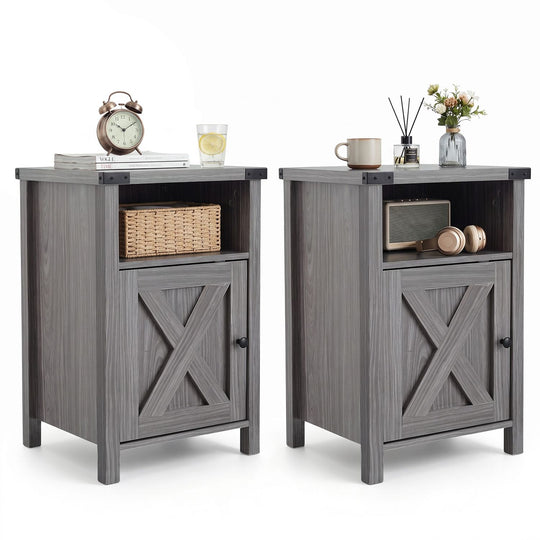 Farmhouse Wooden Nightstand with Barn Door and Storage Cabinet