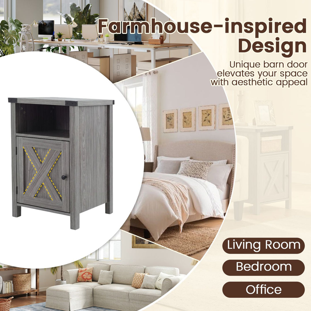 Farmhouse Wooden Nightstand with Barn Door and Storage Cabinet