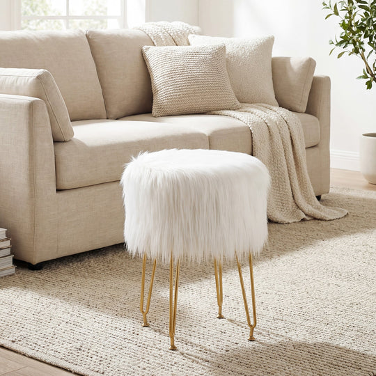 Faux Fur Vanity Stool Chair with Metal Legs for Bedroom and Living Room
