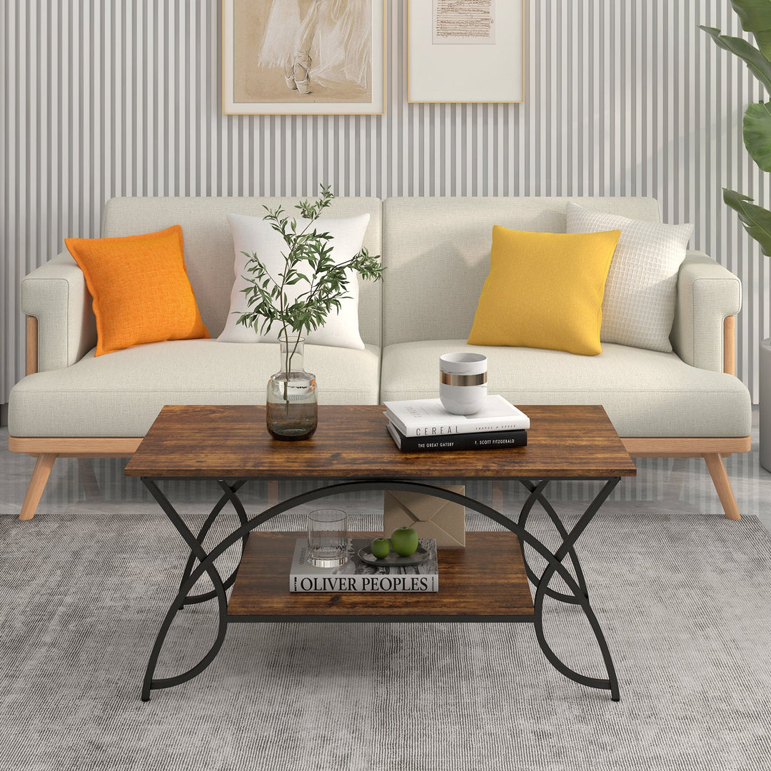 2-Tier Rectangle Coffee Table with Marble Pattern Top