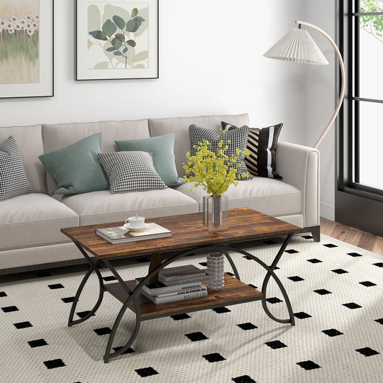 2-Tier Rectangle Coffee Table with Marble Pattern Top