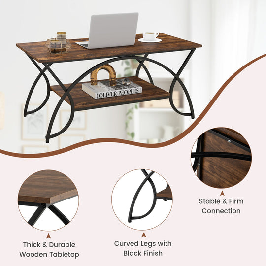 2-Tier Rectangle Coffee Table with Marble Pattern Top