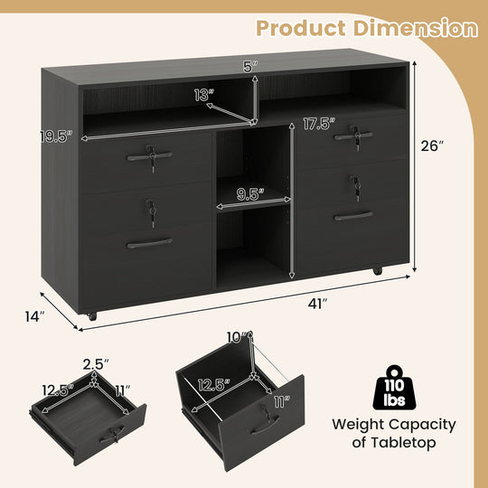 File Cabinet with Lock Mobile Lateral Filing Storage Organizer Modern Rolling Printer Stand