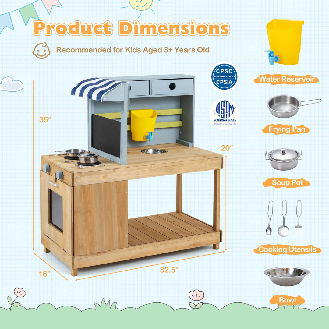 Kids Wooden Mud Kitchen Playset with Canopy and Faucet