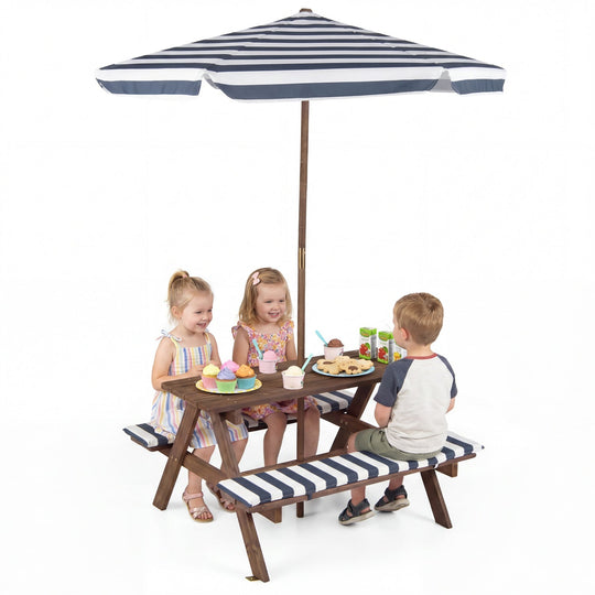 Fir Wood Kids Picnic Table with 2 Built-in Benches and Umbrella