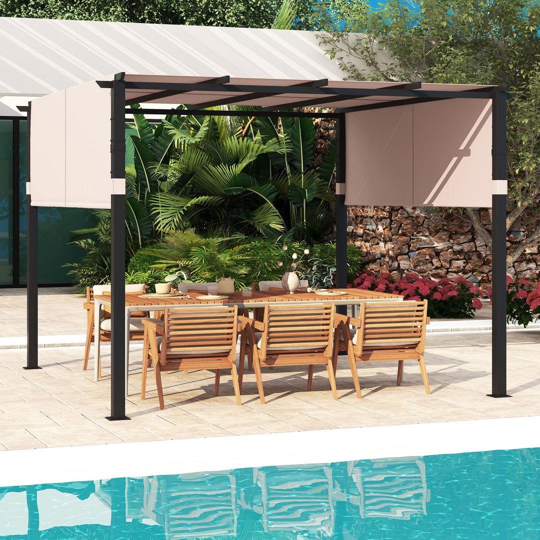 10 x 10 ft Flat Top Pergola with Retractable Canopy for Garden Pool Porch and Backyard