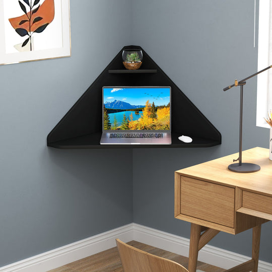 Floating Triangular Corner Computer Desk with Storage Shelf