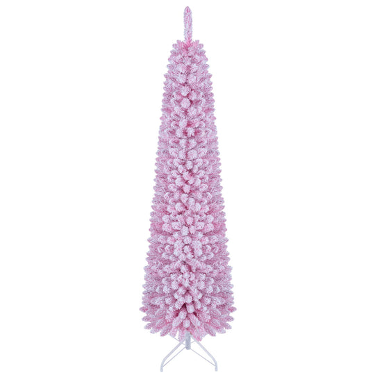 6 FT Pink Flocked Pre-Lit Pencil Christmas Tree with LED Lights